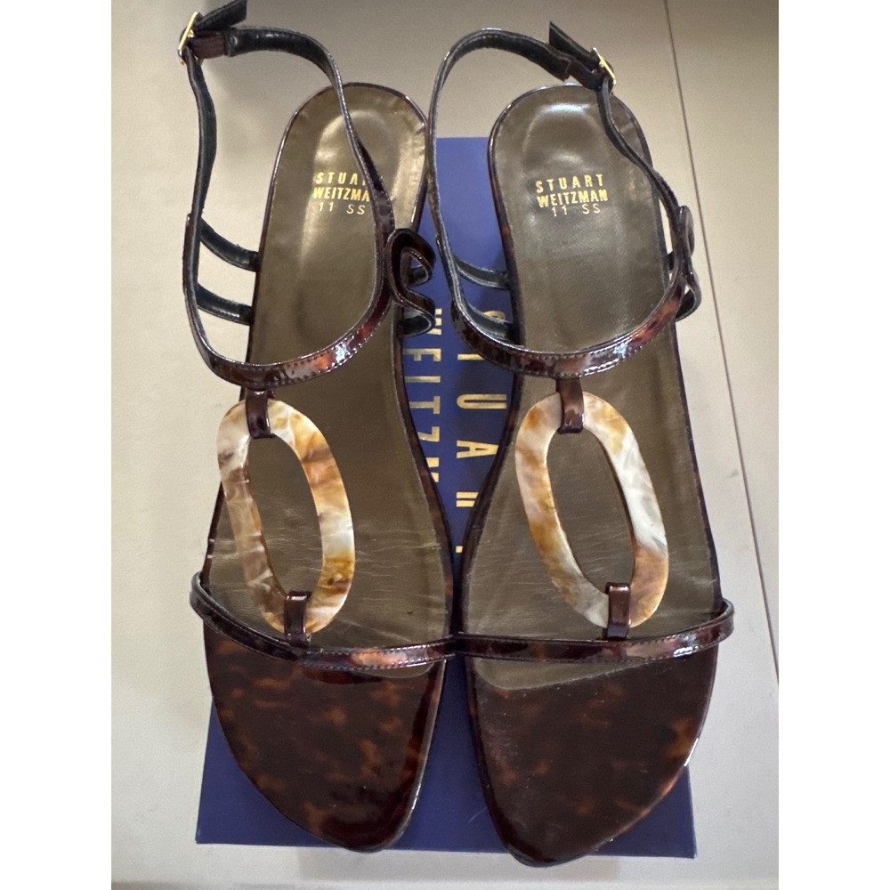 Stuart Weitzman Approval Cognac Tartaruga Tortoise Wedge Sandals 11 SS DW89813